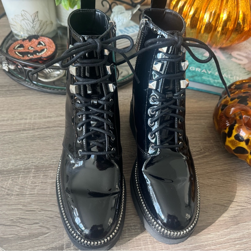 Michael Kors Shiny Black Studded Combat Boots